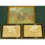 A pair of plaster relief plaques, depicting figures on carts, and a Victorian chromolithograph