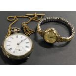 A wristwatch and a pocket watch, to include a silver fob watch, with white enamel dial, seconds dial