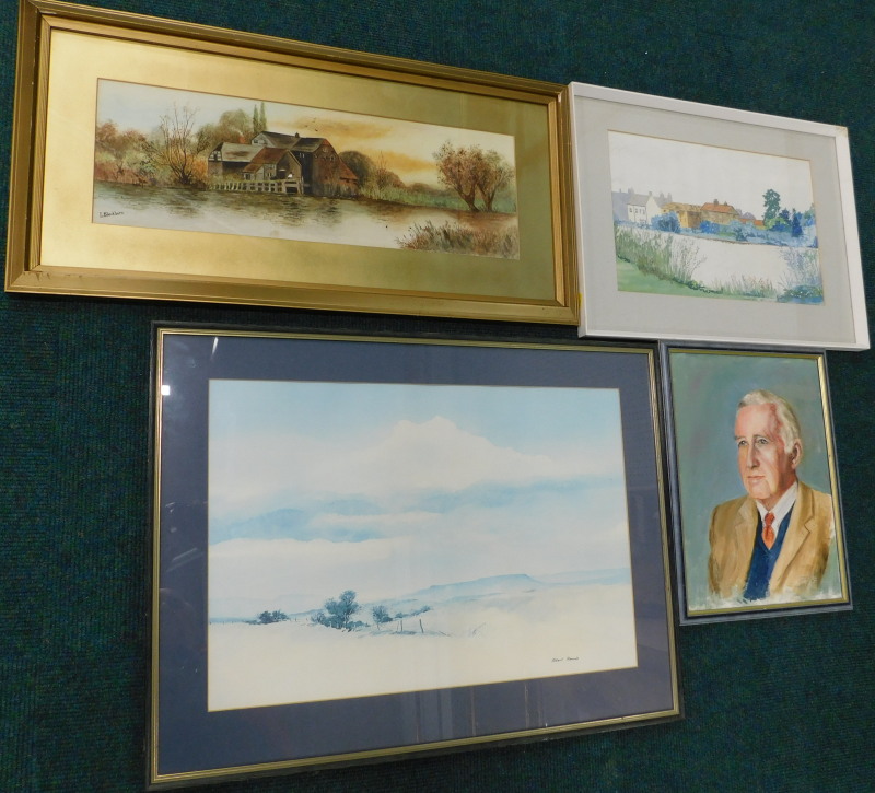 J Smith. Owsen ferry near Gainsborough, watercolour, 27cm x 40cm, a river landscape signed L