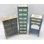 A collection of decorative items, to include a small distressed and painted low cabinet on