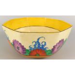 A Clarice Cliff Gayday pattern octagonal bowl, painted to the exterior with flowers etc., the