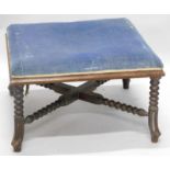 A Victorian rosewood stool, with a padded seat on part bobbin turned supports and X-stretcher,