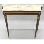 A Continental console table, with shaped marble top, plain frieze with gilt metal mounts on ring