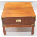 A mahogany campaign style low table, brass bound with a single drawer, 60cm wide