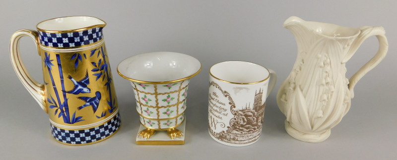 A collection of items, to include a Coalport jug decorated with blue gilt birds, bamboo etc., a