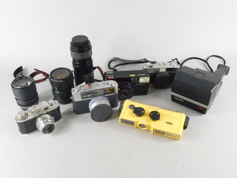 Various cameras, lenses etc., to include a Pentax, a Zoom, a Tokina lens, a Yashica minimatic camera