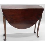 A mahogany gateleg table, the oval top on cabriole legs, with pad feet, 90cm wide.