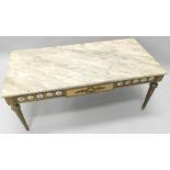 A 20thC Continental coffee table, with a cream and green marble top above a frieze inset with gilt