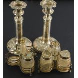 Various silver plate, comprising a pair of early 20thC candlesticks, with leafy compressed urn