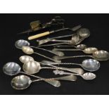 A collection of small silver, to include various silver plated spoons, a white metal commemorative