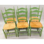 A set of six green painted Continental dining chairs, each with a ladder back and seat