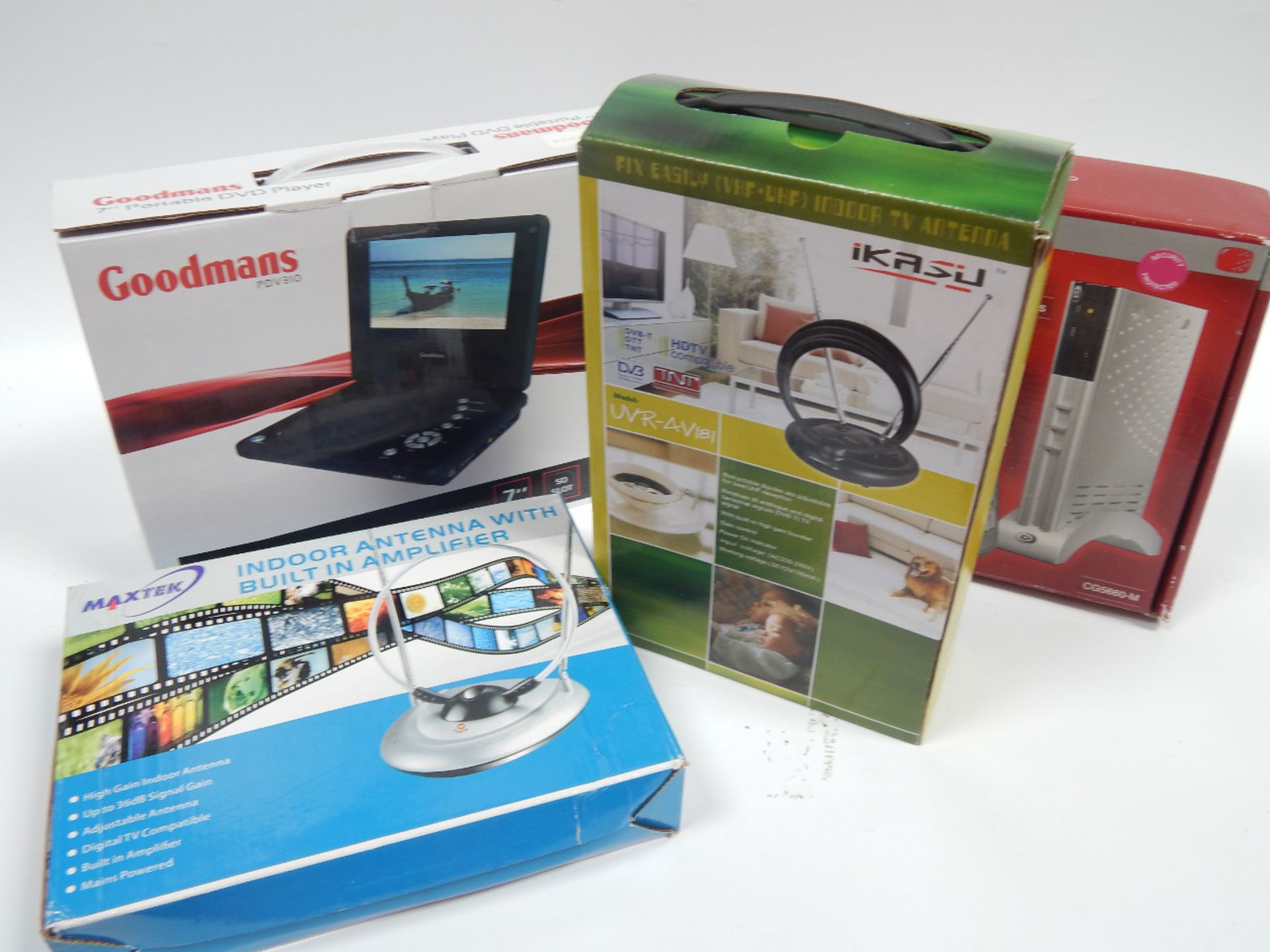 Various household electronics, to include a Goodmans portable 7" DVD player, a digital set top box