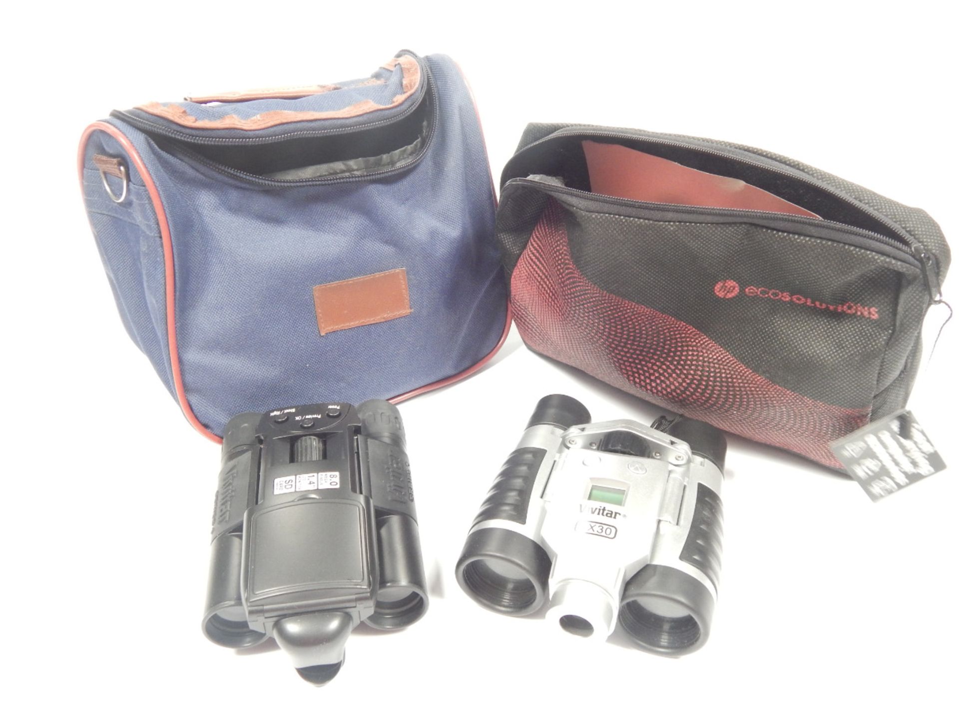 Three pairs of binoculars, comprising Vivitar 5x30 Digital camera set in carry case, unbranded pair,