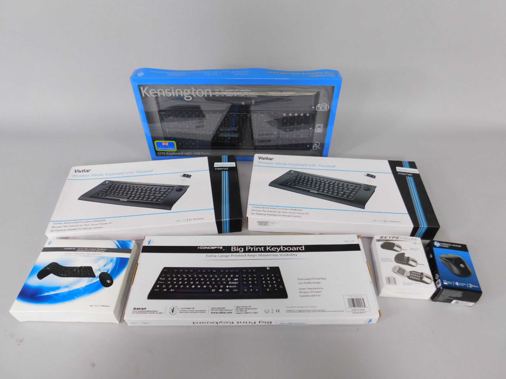 Various wireless keyboards, to include Vivitar, Kensington, HP wireless mouse, SKPE mouse, etc, (