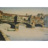 W Monk (19th/20thC). City bridge, artist signed coloured etching, 29.5cm x 39cm, and seven other