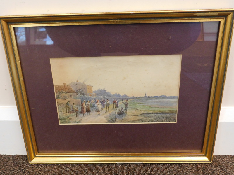 19thC Continental School. Figures dancing in rural scene, watercolour, indistinctly titled, 14cm x - Image 2 of 4