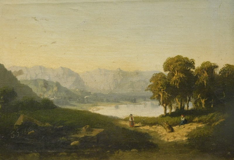 J.S. (19thC). Landscape with figures, oil on canvas, initialled and dated 1869, 24.5cm x 34cm