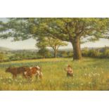 H Gibbs (19thC). Rural landscape with young child playing with flowers, oil on canvas, signed and