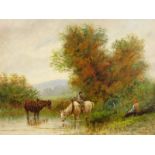 19thC British School. Figure and horse in river scene, oil on board, 34cm x 44cm