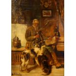 Adolf Eberle (1843-1914). Interior scene - gentleman with dogs, oil on board, signed, 25cm x 17cm
