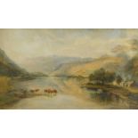 19thC British School. River landscape with cattle at water's edge, oil on canvas, 41cm x 67cm