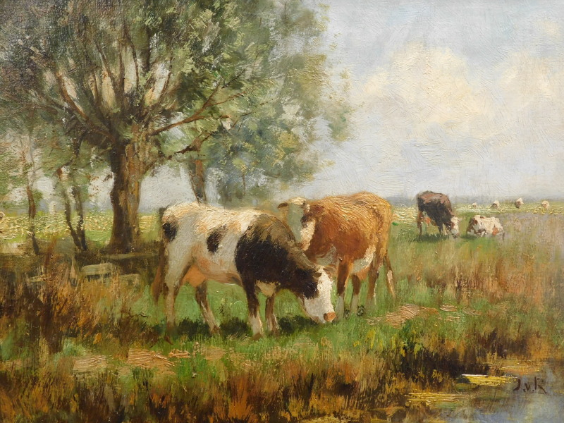J.V.R. (19th/20thC). Cattle grazing, oil on canvas, 29cm x 39cm