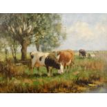 J.V.R. (19th/20thC). Cattle grazing, oil on canvas, 29cm x 39cm