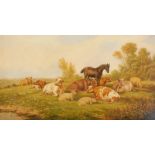 William Eddowes Turner (c.1820-1885). Cattle, horse and sheep in field, oil on canvas, 59.5cm x