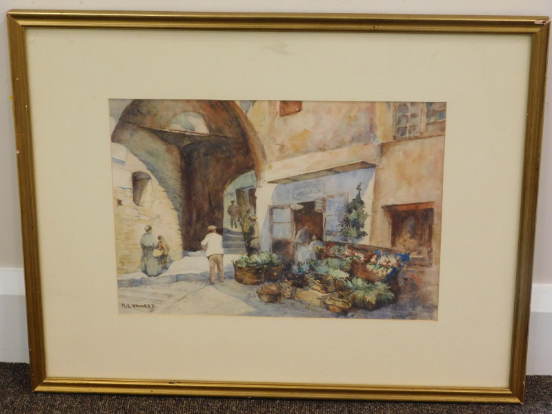 Mary E Haward (19th/20thC). Fruit stall at San Remo, watercolour, signed and titled verso, 25cm x - Image 2 of 4