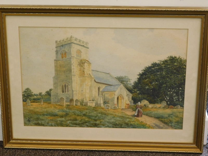 Challis (19thC). Crimplesham Church Norfolk, watercolour, signed, titled and dated 1901, 31cm x 47. - Image 2 of 4