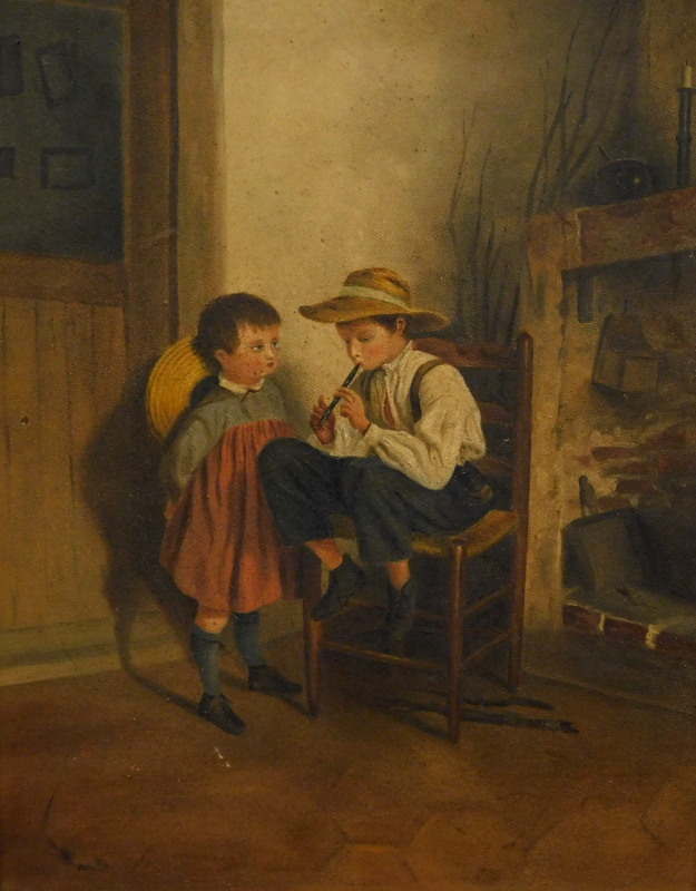 19thC Continental School. The music lesson, oil on board, 33.5cm x 26cm