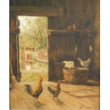 B Nicholls (19th/20thC). Farmyard scene with chickens, oil on board, signed, 39.5cm x 29cm