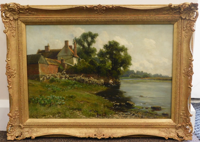 Arthur William Redgate (1860-1906). River scene with sheep, oil on canvas, signed, 34cm x 52cm - Image 2 of 4