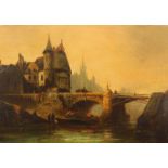 19thC Dutch School. City bridge with figures and boats, oil on canvas, 20.5cm x 30.5cm