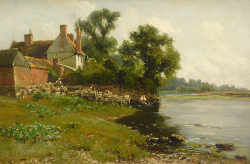 Arthur William Redgate (1860-1906). River scene with sheep, oil on canvas, signed, 34cm x 52cm