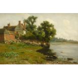 Arthur William Redgate (1860-1906). River scene with sheep, oil on canvas, signed, 34cm x 52cm