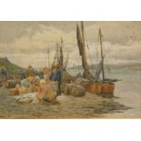 C W Adams (19thC). Figures unloading fishing boats at quayside, watercolour, signed, 19cm x 27cm