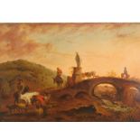 18thC Italian School. Figures and animals by a bridge, oil on board, 27.5cm x 40.5cm