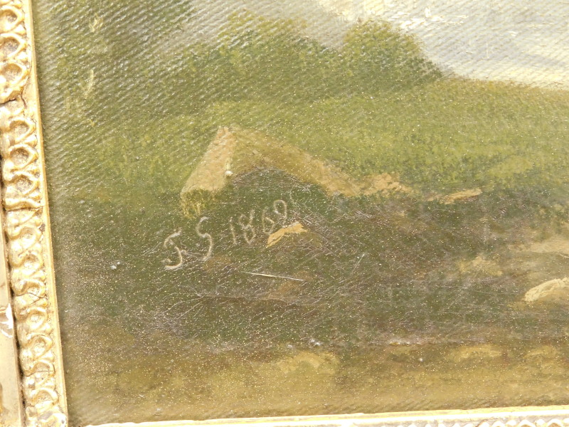J.S. (19thC). Landscape with figures, oil on canvas, initialled and dated 1869, 24.5cm x 34cm - Image 3 of 4