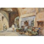 Mary E Haward (19th/20thC). Fruit stall at San Remo, watercolour, signed and titled verso, 25cm x