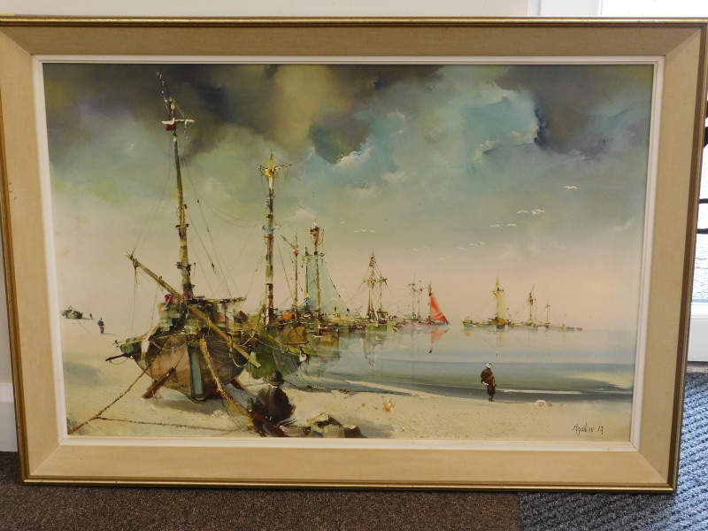 Jorge Aguilar-Agon (b.1936). Fishing boats in coastal scene, oil on canvas, signed, 59.5cm x 90.5cm - Image 2 of 4