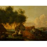 19thC School. Cattle in river landscape, oil on board, 24cm x 29.5cm