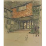 Cecil Aldin (1870-1935). Courtyard scene with old gentleman and dog, artist signed coloured print,