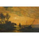 N. J. (19thC). Moonlit river scene with fishing boats, oil on canvas, monogrammed, 40cm x 60.5cm