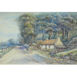 20thC British School. Cottage in country lane, watercolour, 38cm x 53cm