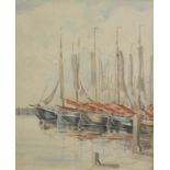 Cecil Thomas Hodgkinson (1895-1979). A view of a marina with moored boats, watercolour drawing, 30cm
