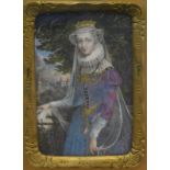 Continental School. Portrait of a princess in alpine landscape -shield motif, oil with gilt