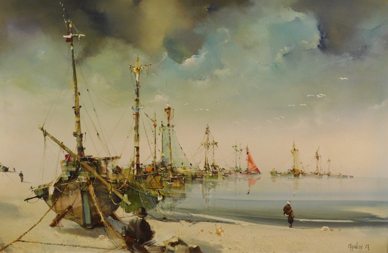 Jorge Aguilar-Agon (b.1936). Fishing boats in coastal scene, oil on canvas, signed, 59.5cm x 90.5cm
