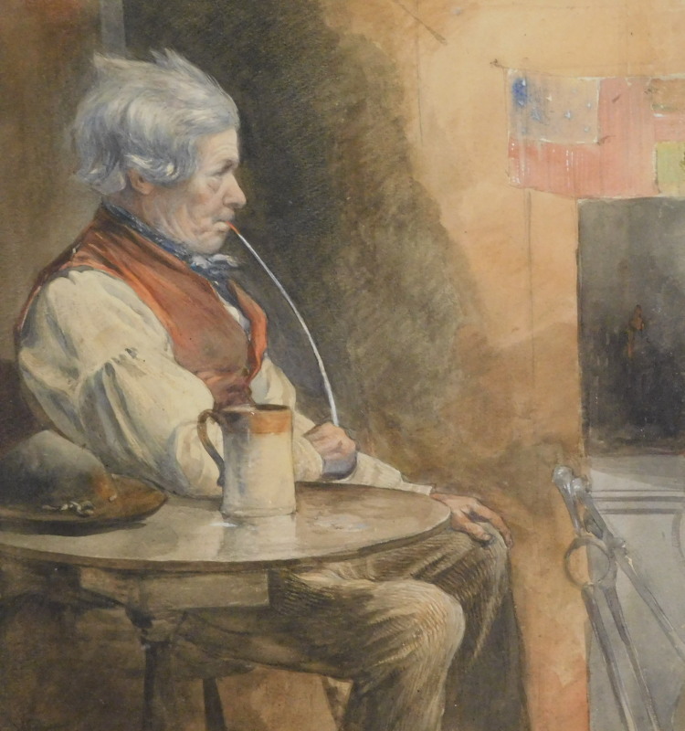 William M Pratt (1854-1936). Old man with clay pipe, watercolour, signed, label verso Chapterhouse