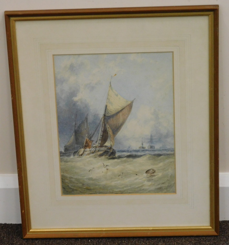 George Stainton (act.1860-1890). Fishing boats in at sea, watercolour, signed, 32cm x 24.5cm - Image 2 of 4